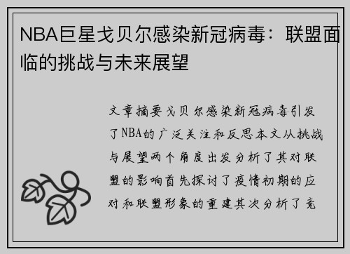 NBA巨星戈贝尔感染新冠病毒：联盟面临的挑战与未来展望