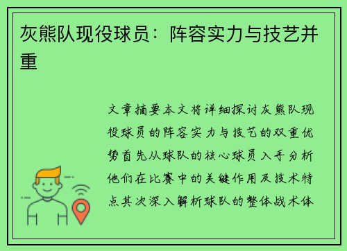 灰熊队现役球员：阵容实力与技艺并重